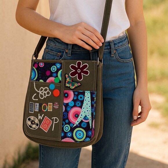 Zia Poppy Italy Canvas Crossbody Bag Multicolor Embroidered Boho Patchwork - Picture 1 of 14